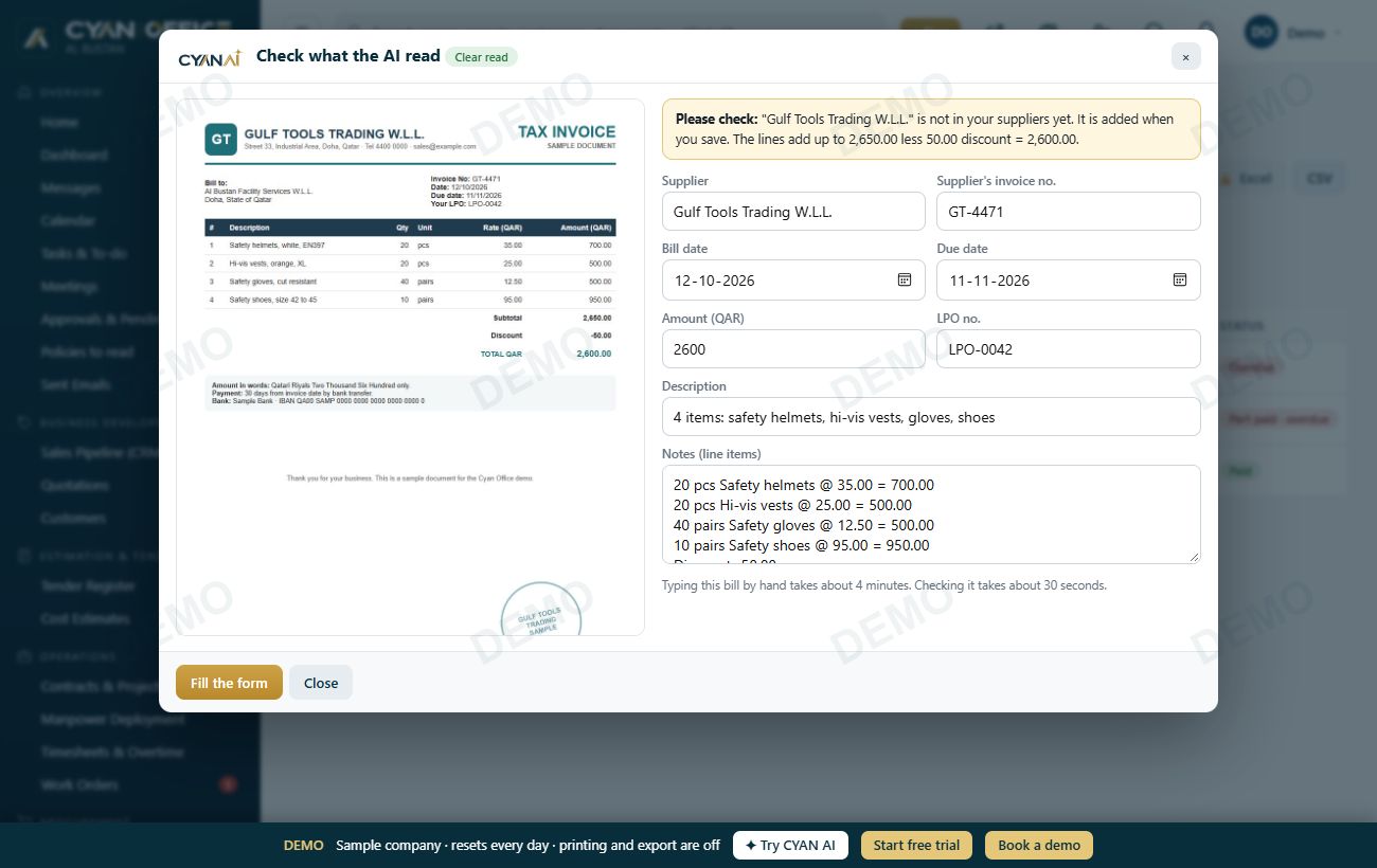 CYAN AI reading a supplier bill